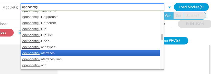 Screenshot of dropdown menu displaying YANG models matching a search