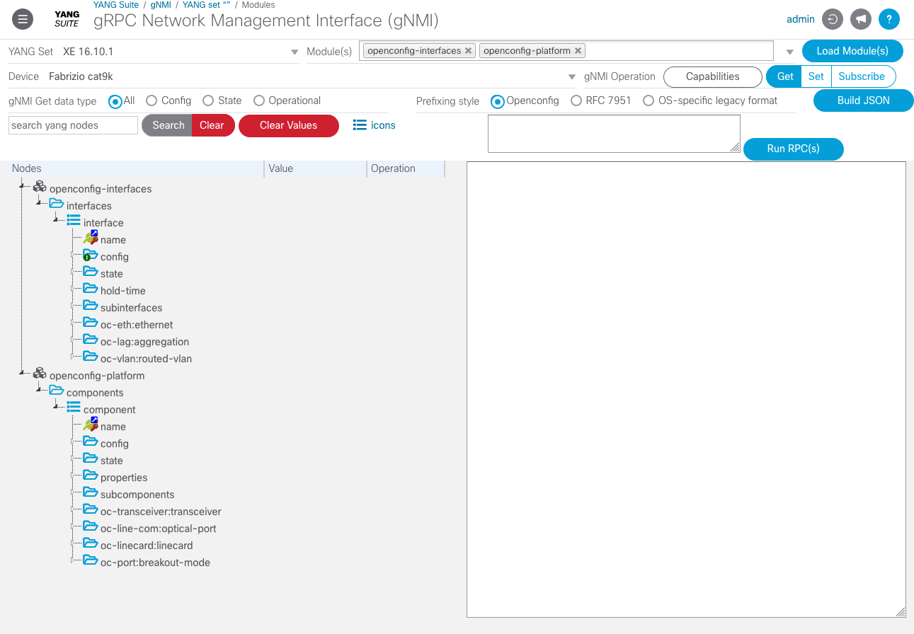 Screenshot of full page showing loaded YANG module trees