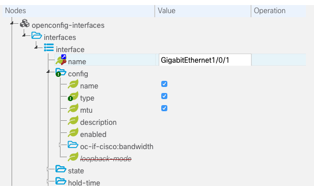 Screenshot showing selections in the YANG tree for a Get request