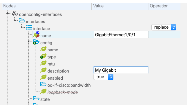 Screenshot showing selections in the YANG tree for a Set request.