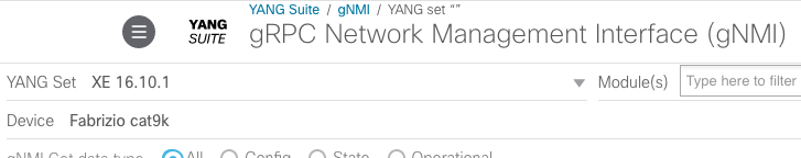 Screenshot showing a yangset and devprofile selected in the UI