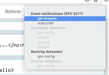 Screenshot showing the "Actions" menu, with "get streams" selected.