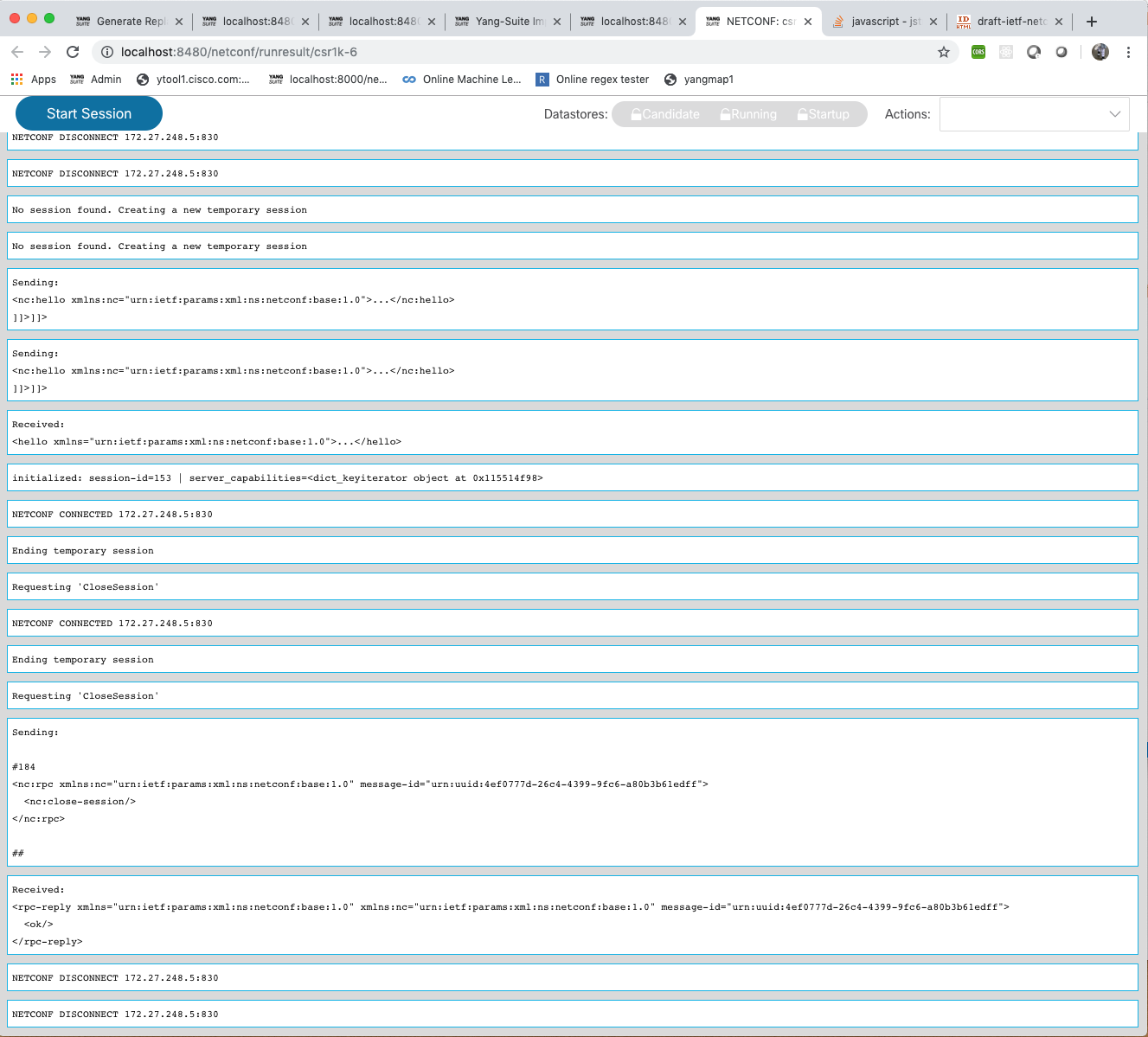 Screenshot showing a window indicating that the NETCONF session has successfully started.
