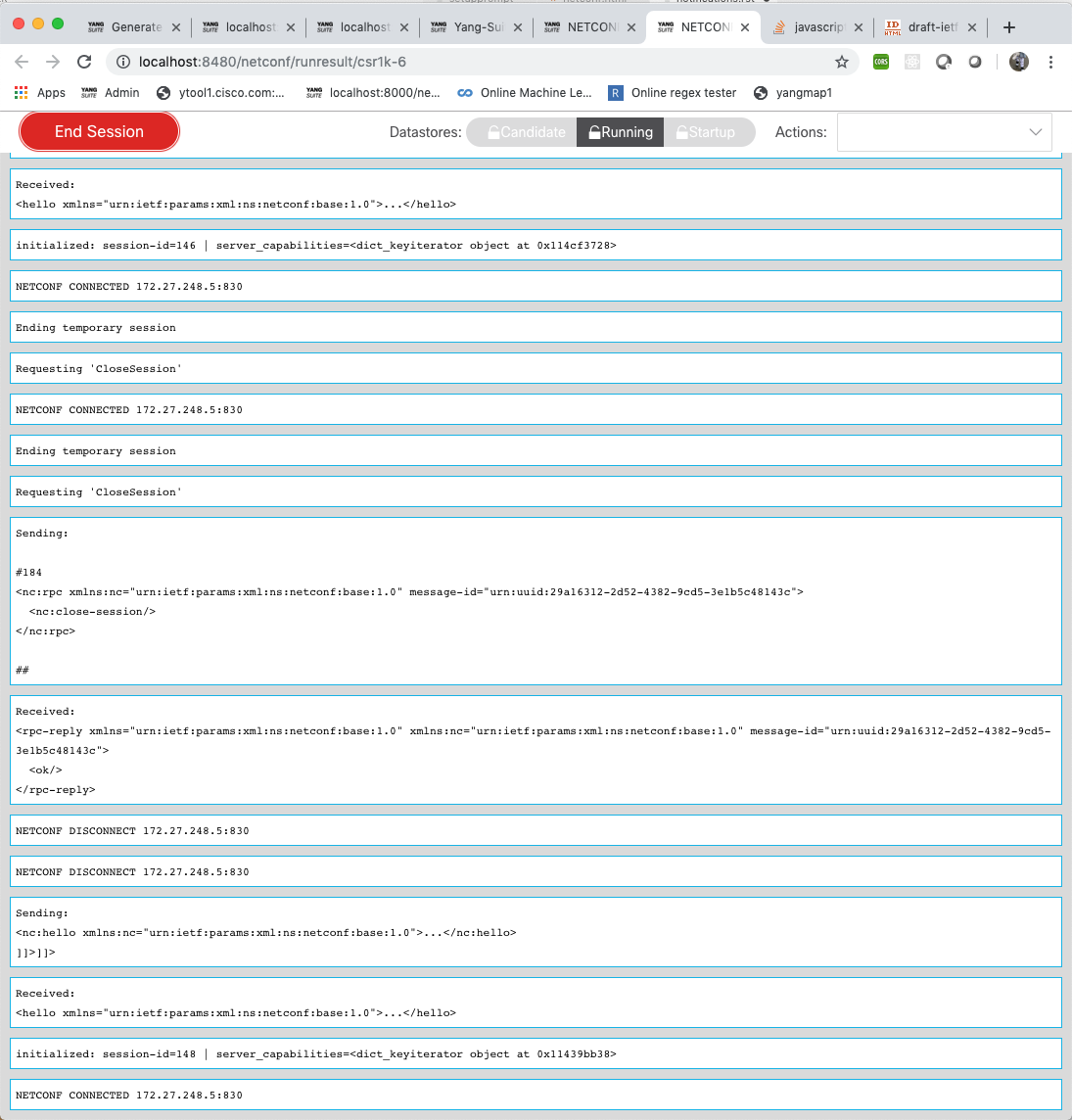 Screenshot showing a window indicating that the NETCONF session has successfully started.