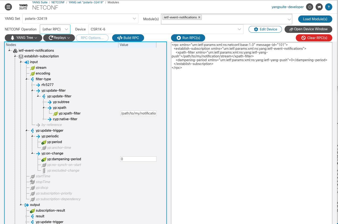 Screenshot showing a window with ietf-event-notification module.