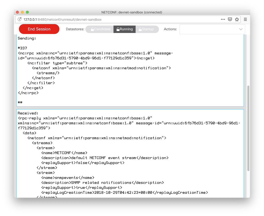 Screenshot showing success reply listing the event streams supported by the device