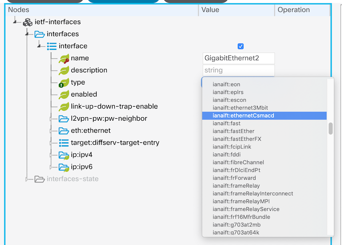 Screenshot of dropdown menu displaying the available values for interface type