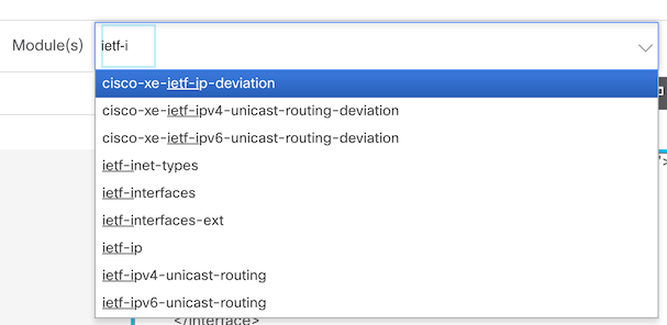 Screenshot of dropdown menu displaying the YANG models available