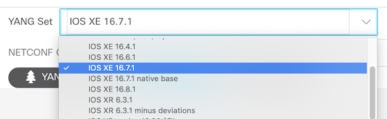 Screenshot of dropdown menu displaying the sets available